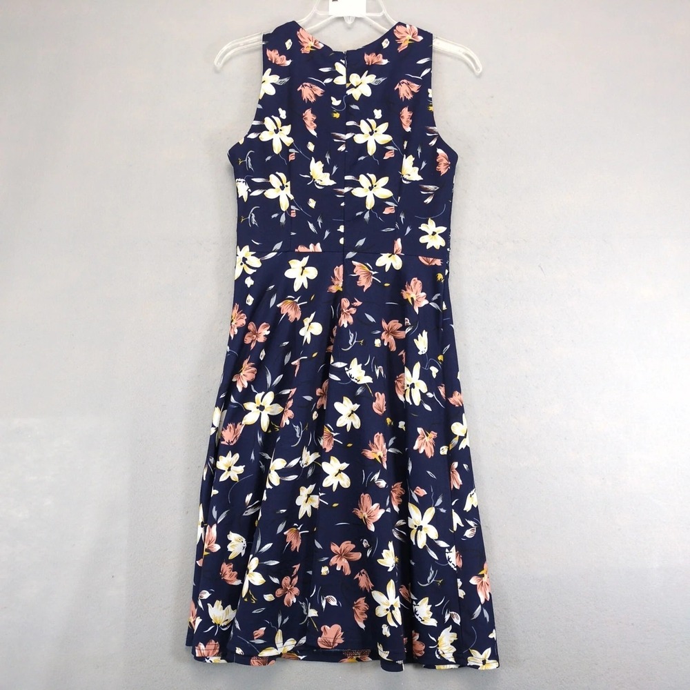 Homeyee Navy Floral Fit & Flare Knee Length Dress Sz M Crochet Lace Waist Panel - Picture 4 of 10